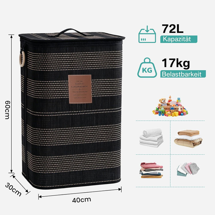 TONYBASKET 72L Bambus Wäschekorb mit Deckel, 40x30x60cm, Faltbarer Praktischer Wäschesammler, Wäsche