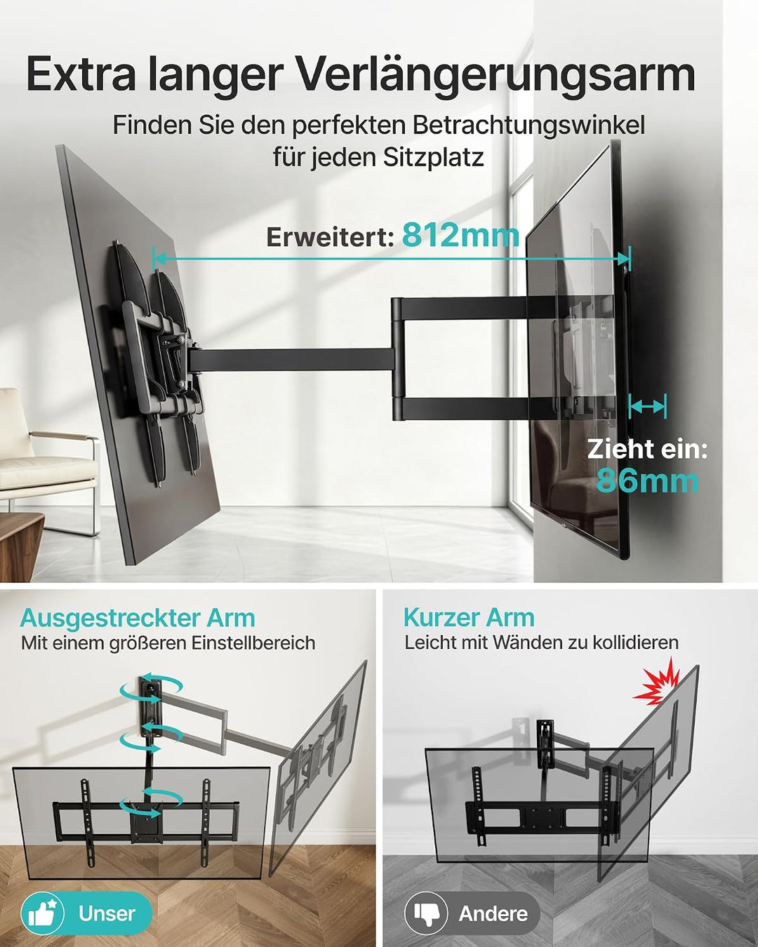PEGZONE TV Wandhalterung Langarm 86-812mm 37-86" bis 50kg, VESA max.600x400 | Wandhalterung Fernsehe