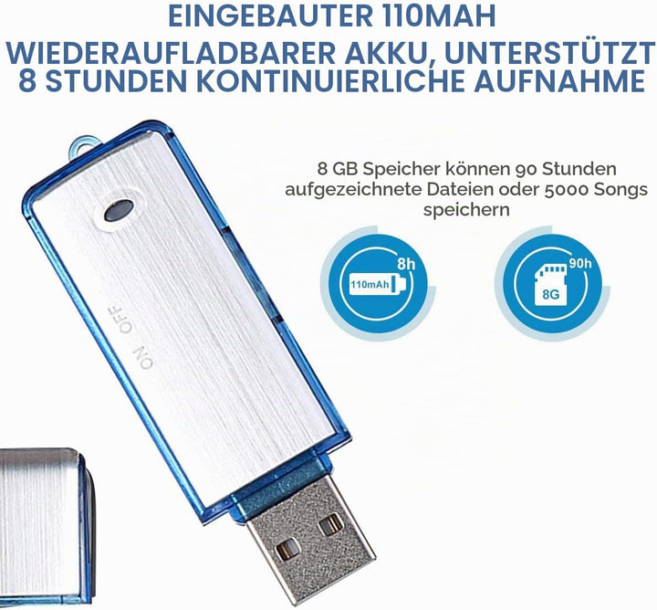 Lychee Digitales Diktiergerät Aufnahmegerät Mini Sprachrekorder 8GB - 90 Stunden Wiederaufladbare Tr