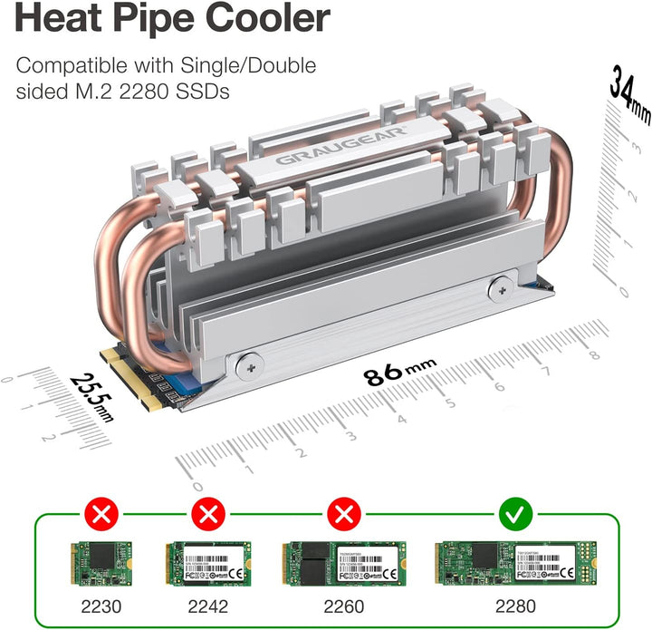 GRAUGEAR M.2 2280 NVMe SATA SSD Kühlkörper, Direct Touch Heatpipe, Dual-Kupfer-Heizrohre, Aluminiuml