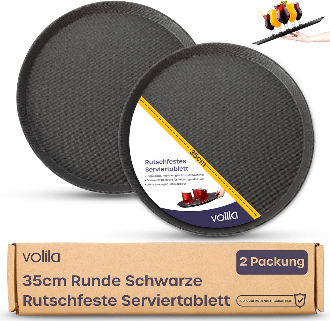 volila Rutschfestes Schwarzes Tablett Serviertablett Rund (2 Stk. à 35 cm) - Rundes Tablett Ideal al