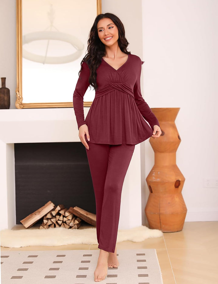 Litherday Stillpyjama Lang Umstandspyjama Langarm Zweifarbiger Baumwolle Stillzeit Nachtwäsche Still