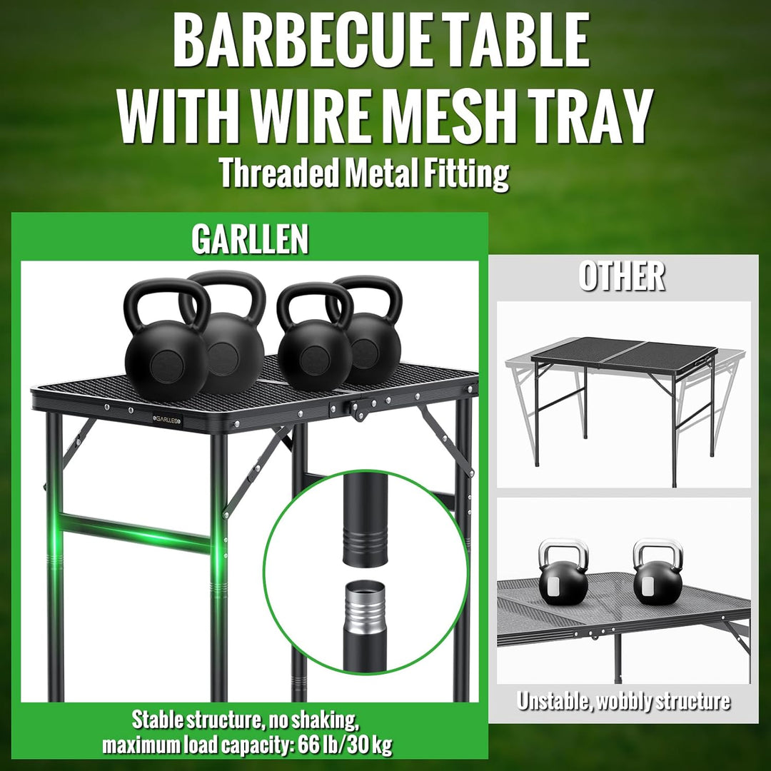 GARLLEN Grilltisch klappbar, 60x40cm & 3 Höhenverstellbar(27/51/75cm), Leicht und Tragbar, Klapptisc