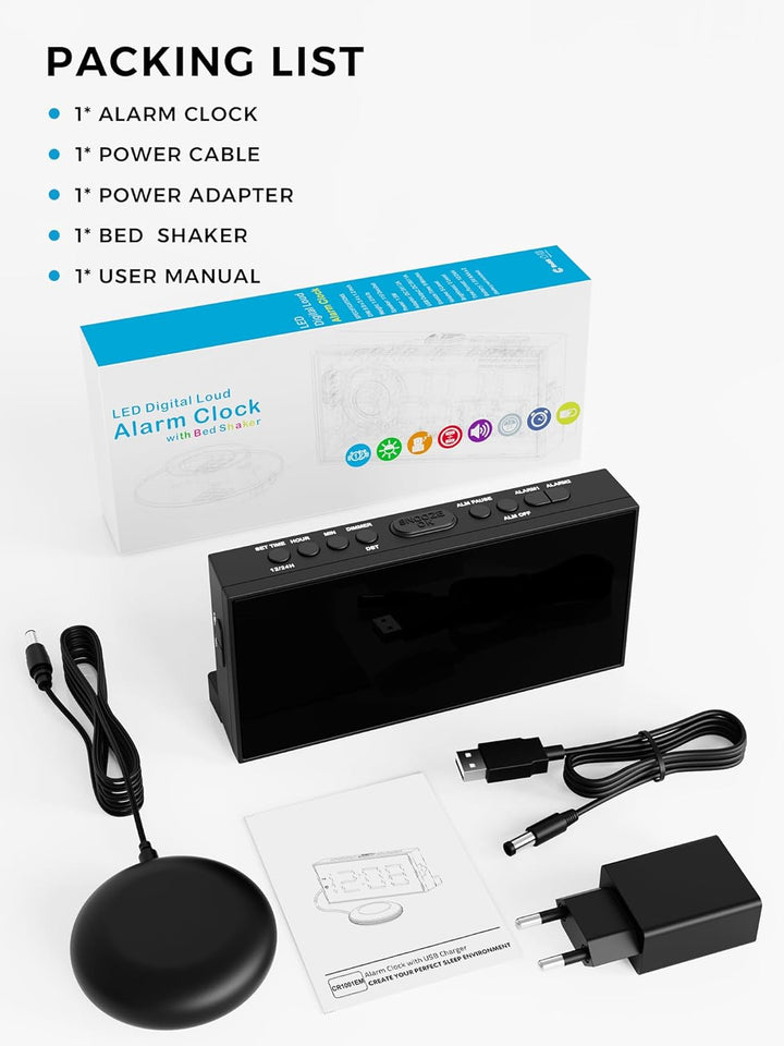 Mesqool Digitaler Wecker, Lauter Vibrationswecker mit Bettschüttler, Wecker Laut für Tiefschläfer, D