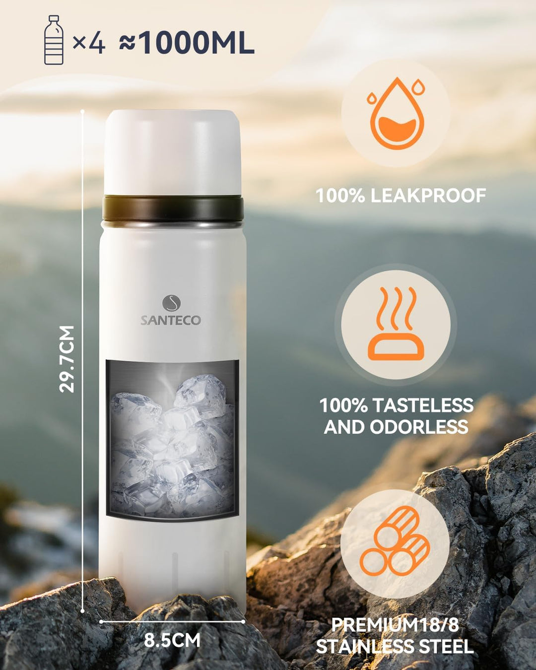 SANTECO Thermoskanne Thermosflasche Edelstahl 1l, 500ml, Auslaufsicher Isolierflasche mit Trinkbeche