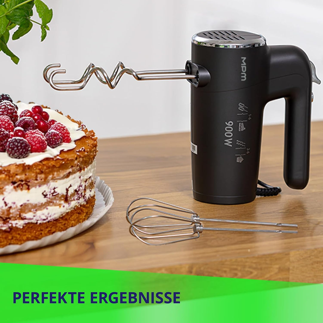 MPM Handmixer mit 2 Rührbesen und 2 Knethaken - 6 Geschwindigkeiten mit Turbotaste - 900 W - Anthraz