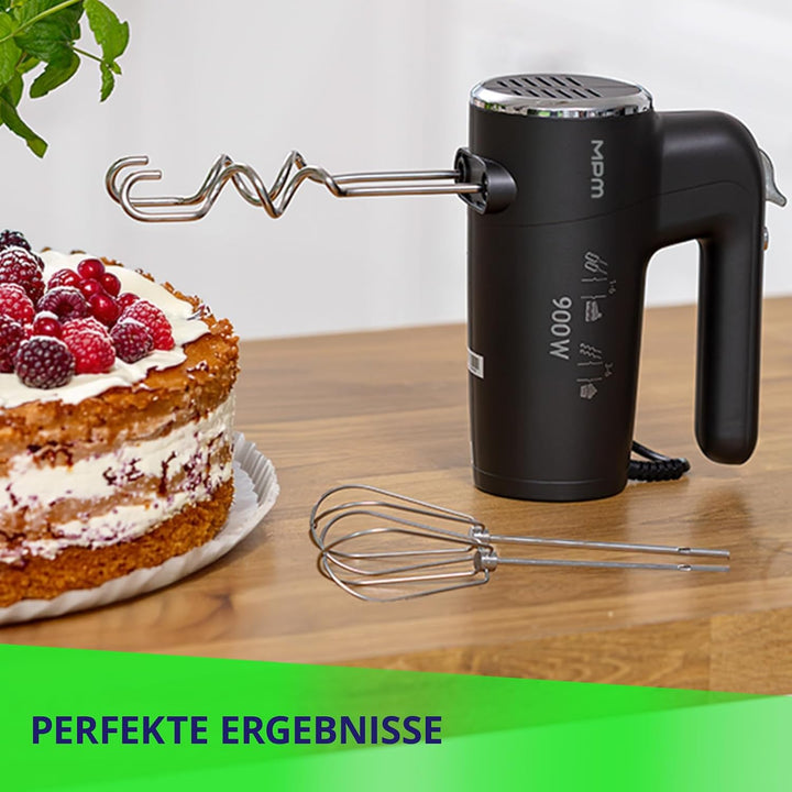 MPM Handmixer mit 2 Rührbesen und 2 Knethaken - 6 Geschwindigkeiten mit Turbotaste - 900 W - Anthraz