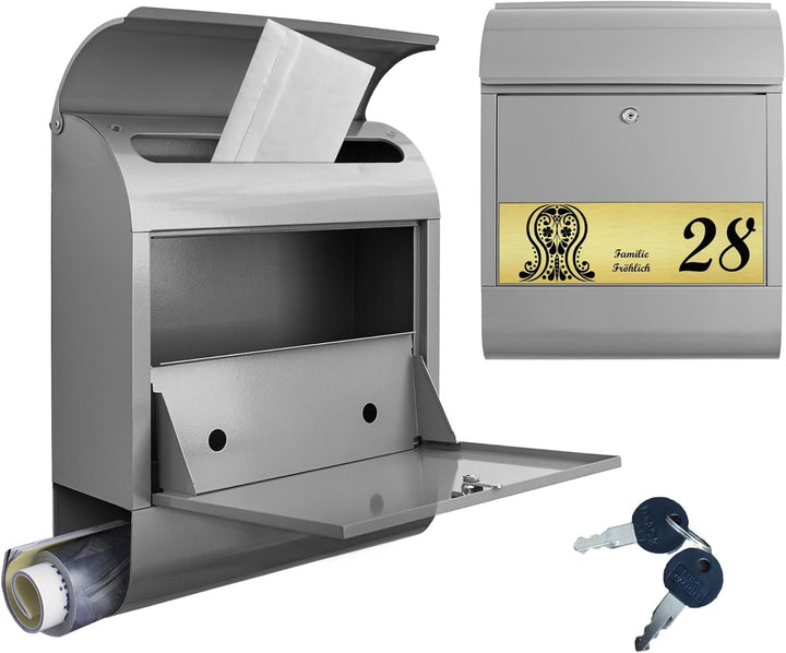 banjado® Briefkasten personalisiert mit graviertem Namensschild in Gold/Briefkasten silberfarben 39x