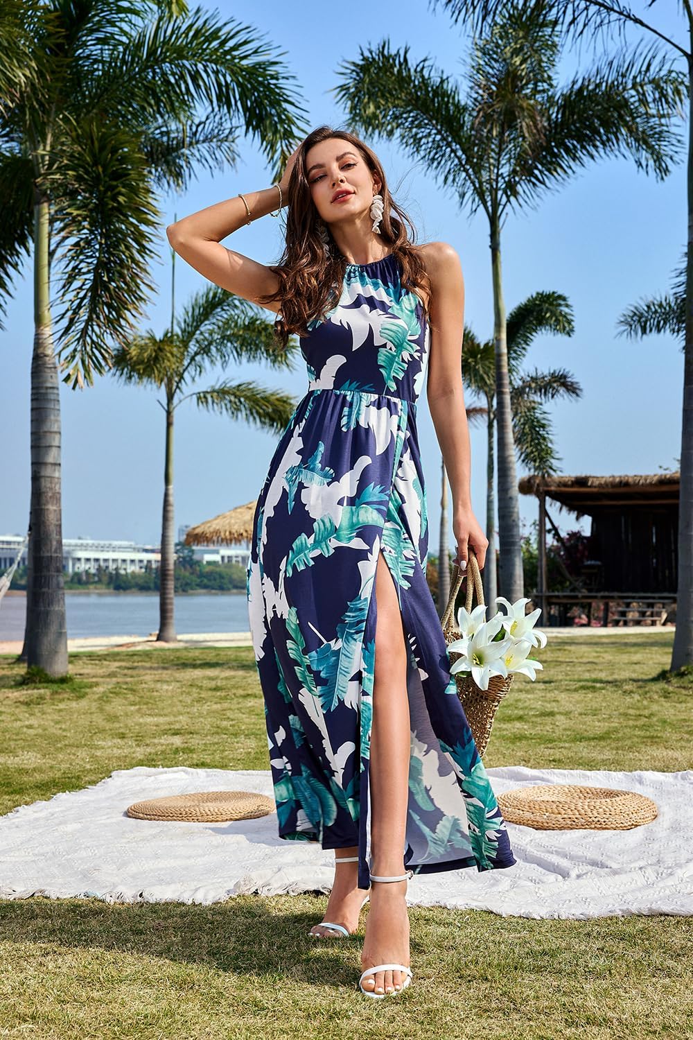 KILIG Damen Sommerkleid Lang Elegant Sommer Neckholder Kleid Hochzeitsgast Maxikleid Partykleid Schl