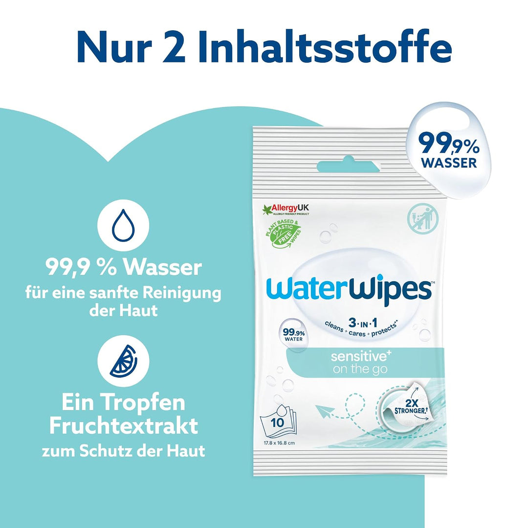 WaterWipes Sensitive+ On The Go Wipes, Unterwegs-Tücher, 100 Stück (10 Packungen), 3-in-1 reinigt, p