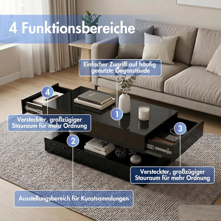 OC Orange-Casual Schwarz Couchtisch im Hochglanz, Moderner Kaffeetisch mit 2 Schuhbalden, Rechteckig