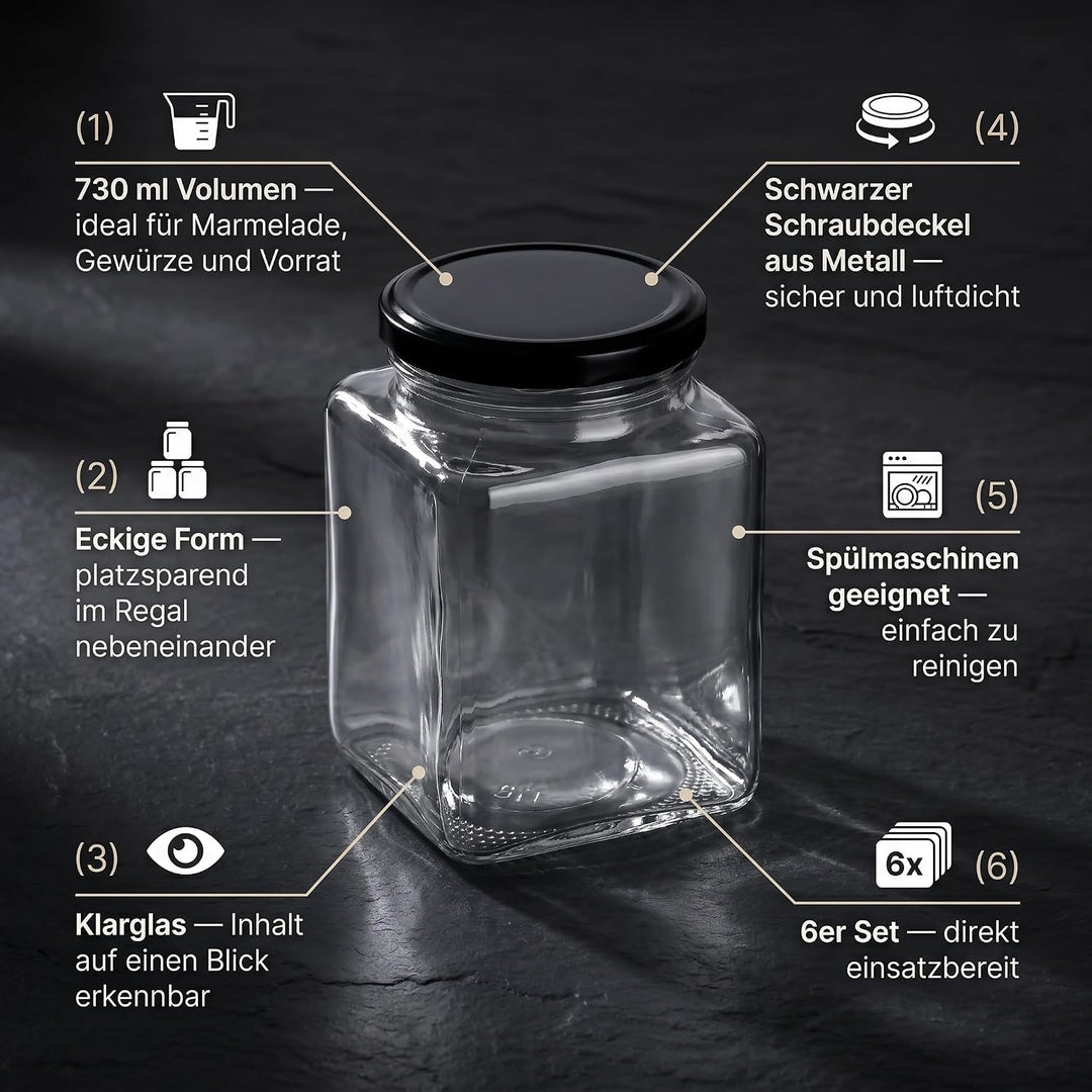 gouveo 6er Set Einmachgläser 730 ml eckig mit Schraub-Deckel schwarz - Grosse Vorratsgläser mit Dreh