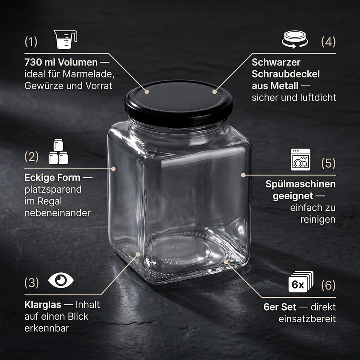 gouveo 6er Set Einmachgläser 730 ml eckig mit Schraub-Deckel schwarz - Grosse Vorratsgläser mit Dreh