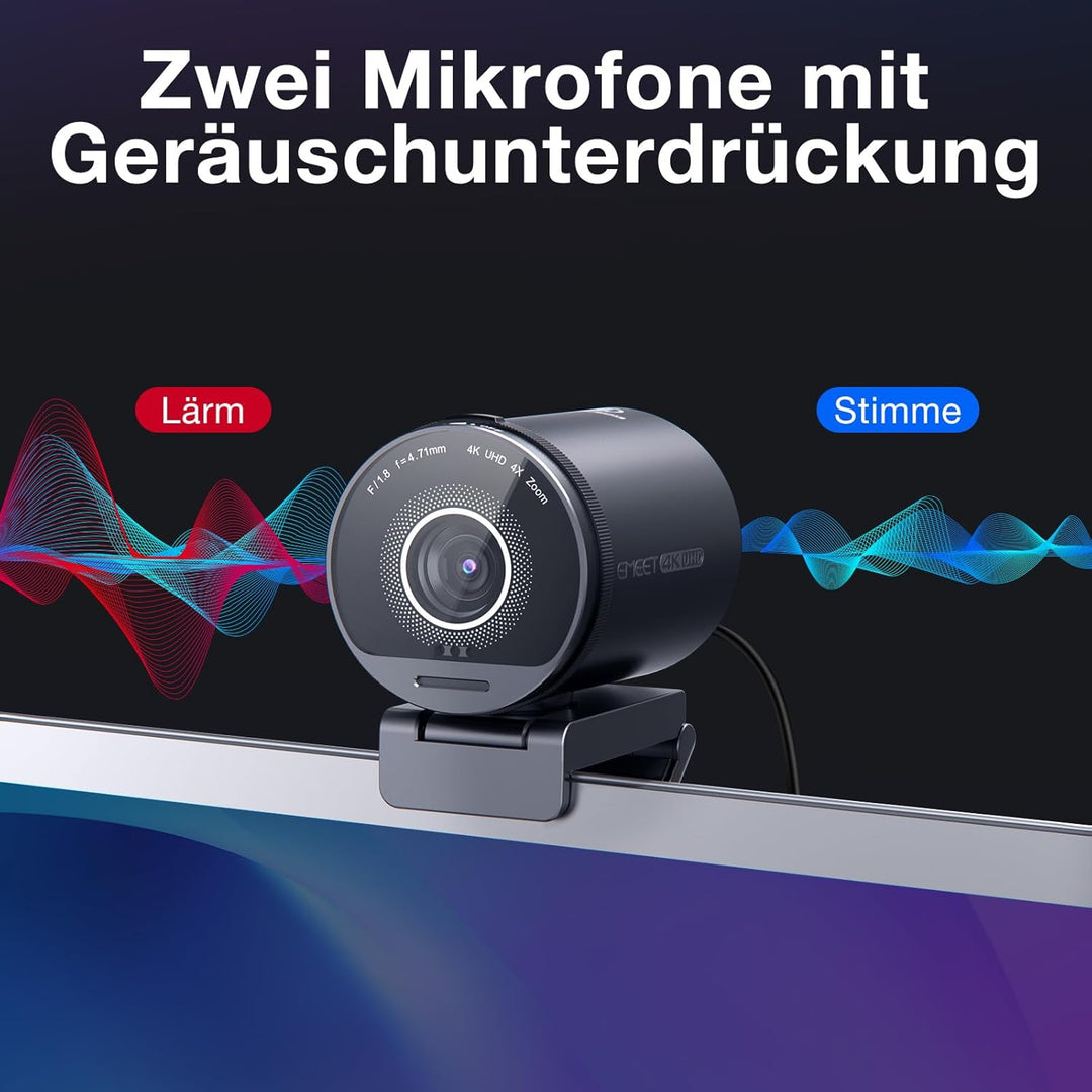 EMEET S800 4K Webcam Mit 2 Mikrofonen, Rauschunterdrückung, 73° Sichtfeld, Lichtkorrektur, Datenschu
