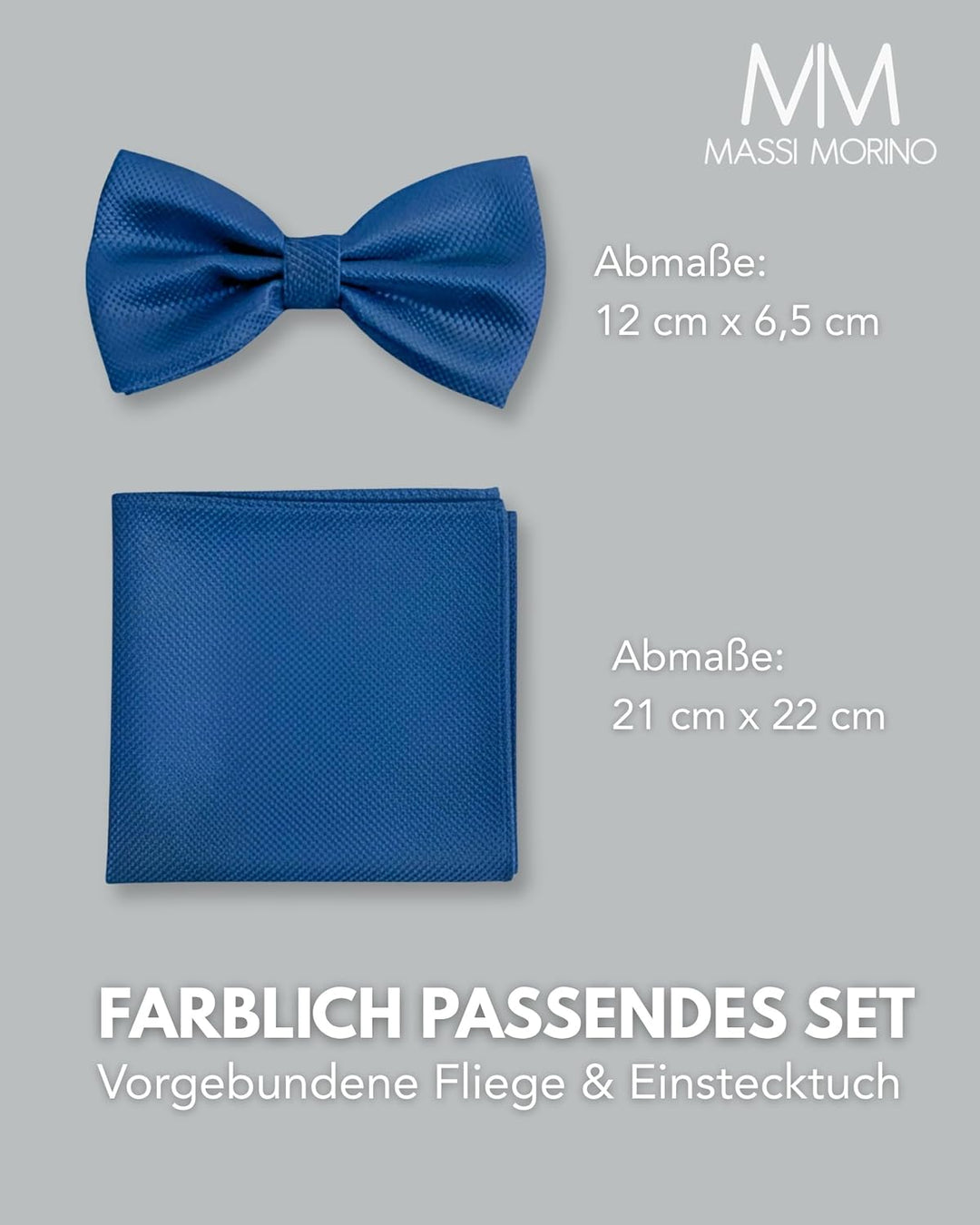 Massi Morino Fliege mit Einstecktuch für Herren Set - Anzug Herrenfliege zur Hochzeit - Verstellbare
