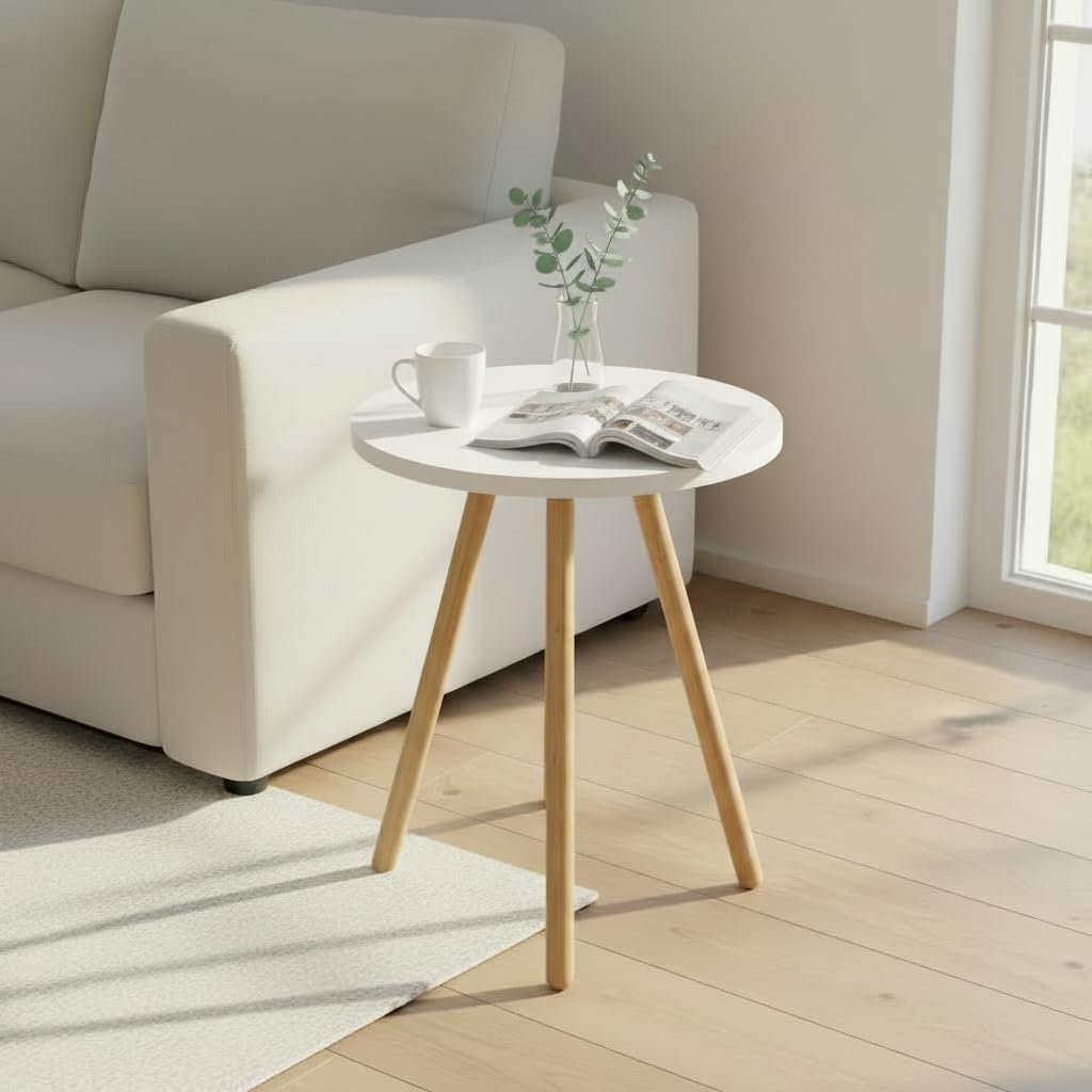 Beistelltisch Rund Weiss Dreibein Holzbeine Ø34x45cm Sofatisch Couchtisch Nachttisch Wohnzimmer Skan