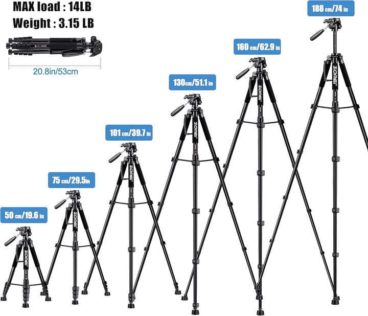 ZOMEi 188cm Stativ Heavy Duty Tall Tripod Stand, Professional Travel Video Tripod Kompatibel mit DSL