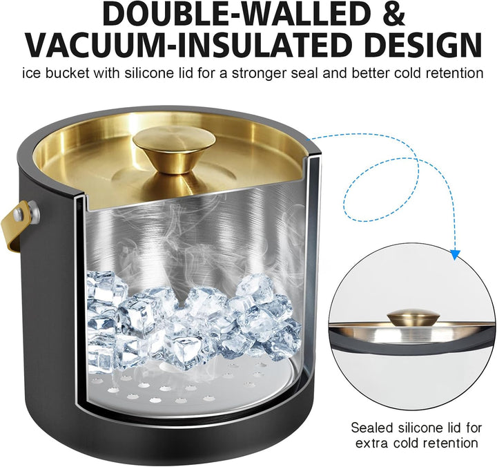 3.2L Moderner isolierter Eiskübel mit Silikondeckel, Schaufel, Sieb, doppelwandiger Eiskübel aus Ede