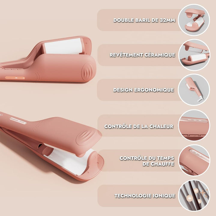Osée - Party Waves – Welleneisen mit 2 Barren, 32 mm Keramikbeschichtung, Soft Touch, Timer, einstel