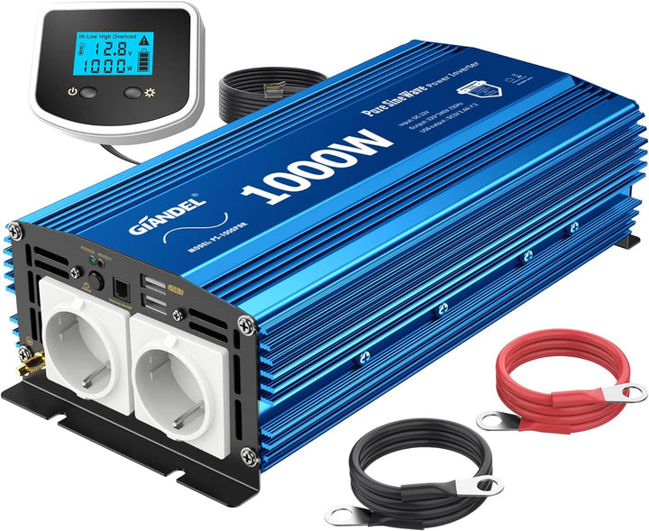 GIANDEL 1000W Wechselrichter Reiner Sinus 12V auf 230V KFZ Spannungswandler Power Inverter mit LCD-B