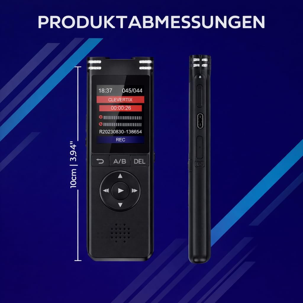 CleverTalk Diktiergerät Professionell 128GB – HD Audio PCM 1536kbps – Sprachaktivierung – Doppelmikr
