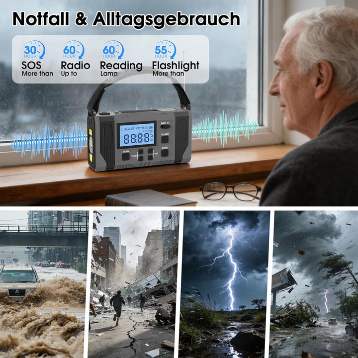 Notfall-Solar Radio, 10000mAh Notfall Kurbelradio, AM/FM Radio, Taschenlampe+ Leselicht, SOS-Alarm,