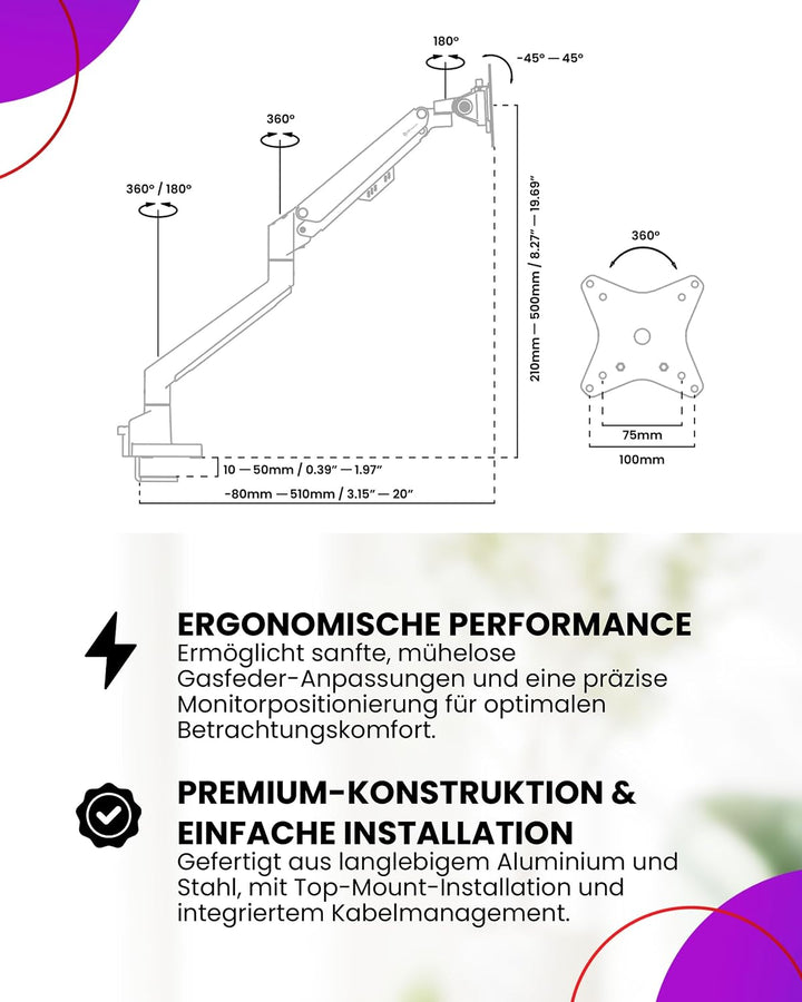 Arozzi Alzare Neo Duo Monitorarm mit Gasfeder - 2 Arme, für 43–86 cm Monitore, VESA 75/100, 360° dre