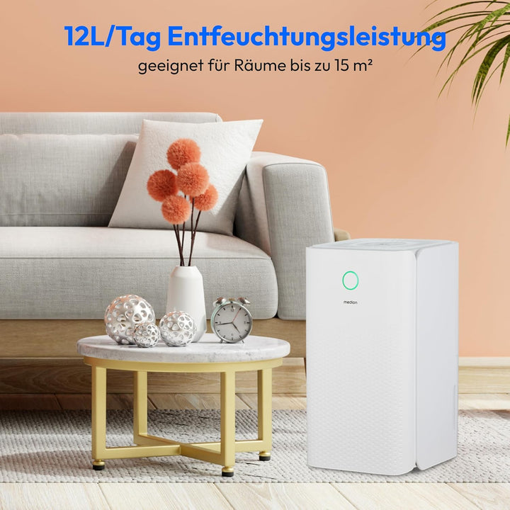 MEDION DH10 Luftentfeuchter elektrisch (bis zu 50m³ (15m²), 12Liter/24h, 38db leise, elektrischer Ra