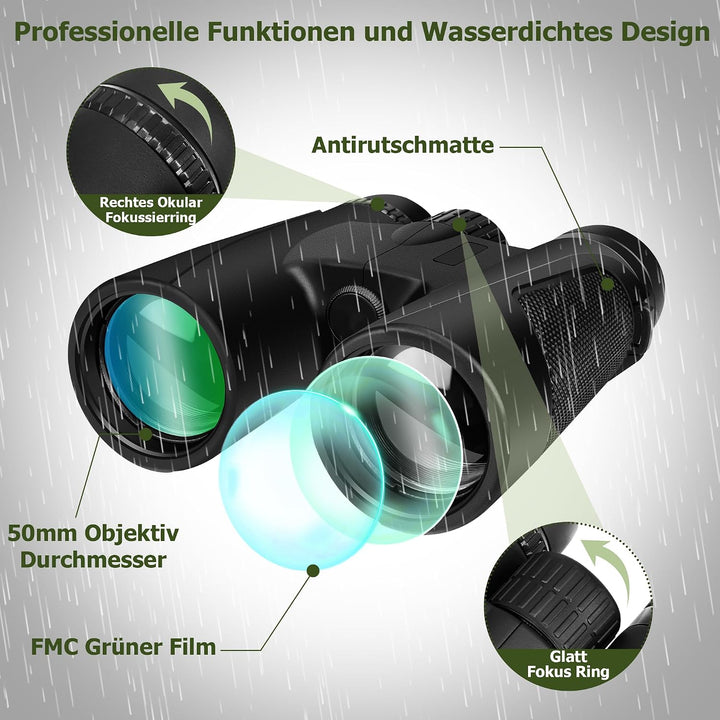 15X50 Fernglas Erwachsene FMC-Linse - Black | BAK4-Prismen,FMC-vergütete Linsen,15X,grosse 50-mm-Oku
