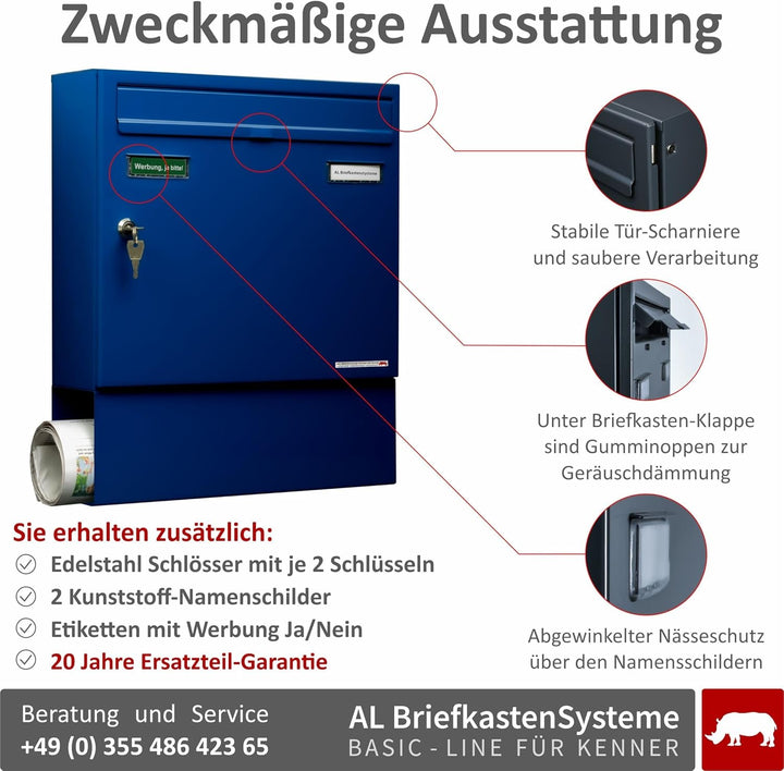 AL Briefkasten Systeme Basic 1er Briefkasten mit Zeitungsfach in RAL 5010 Enzianblau 1 Fach DIN A4 P