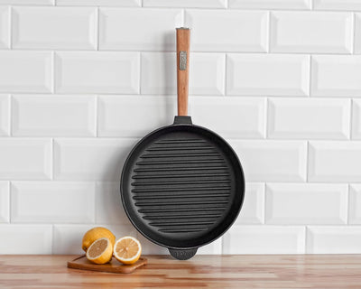 Grillpfanne Gusseisen Steakpfanne Bratpfanne Holzgriff abnehmbar 24 cm Induktion, 24 cm