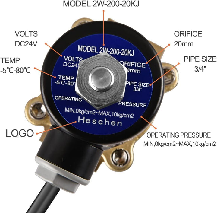 Heschen Elektrisches Magnetventil aus Messing, 2W-200-20KJ, PT 3/4'', DC24V, Direktbetätigung für Wa