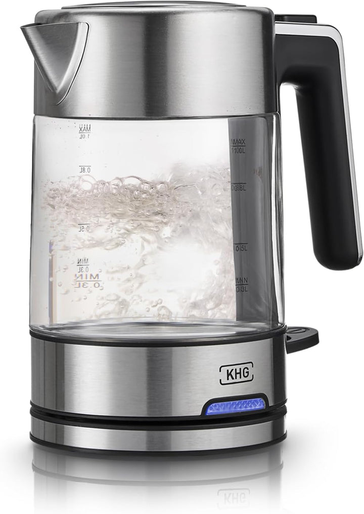 KHG Wasserkocher WK-106 GE Glas, 1 Liter, abwaschbarer Kalkfilter, Wasserstandsanzeige, Öffnen per K