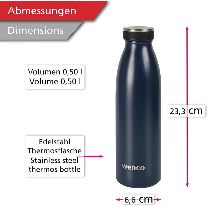 wenco Trinkflasche Edelstahl 0,5l / 500ml isoliert und auslaufsicher für kalte und heisse Getränke a