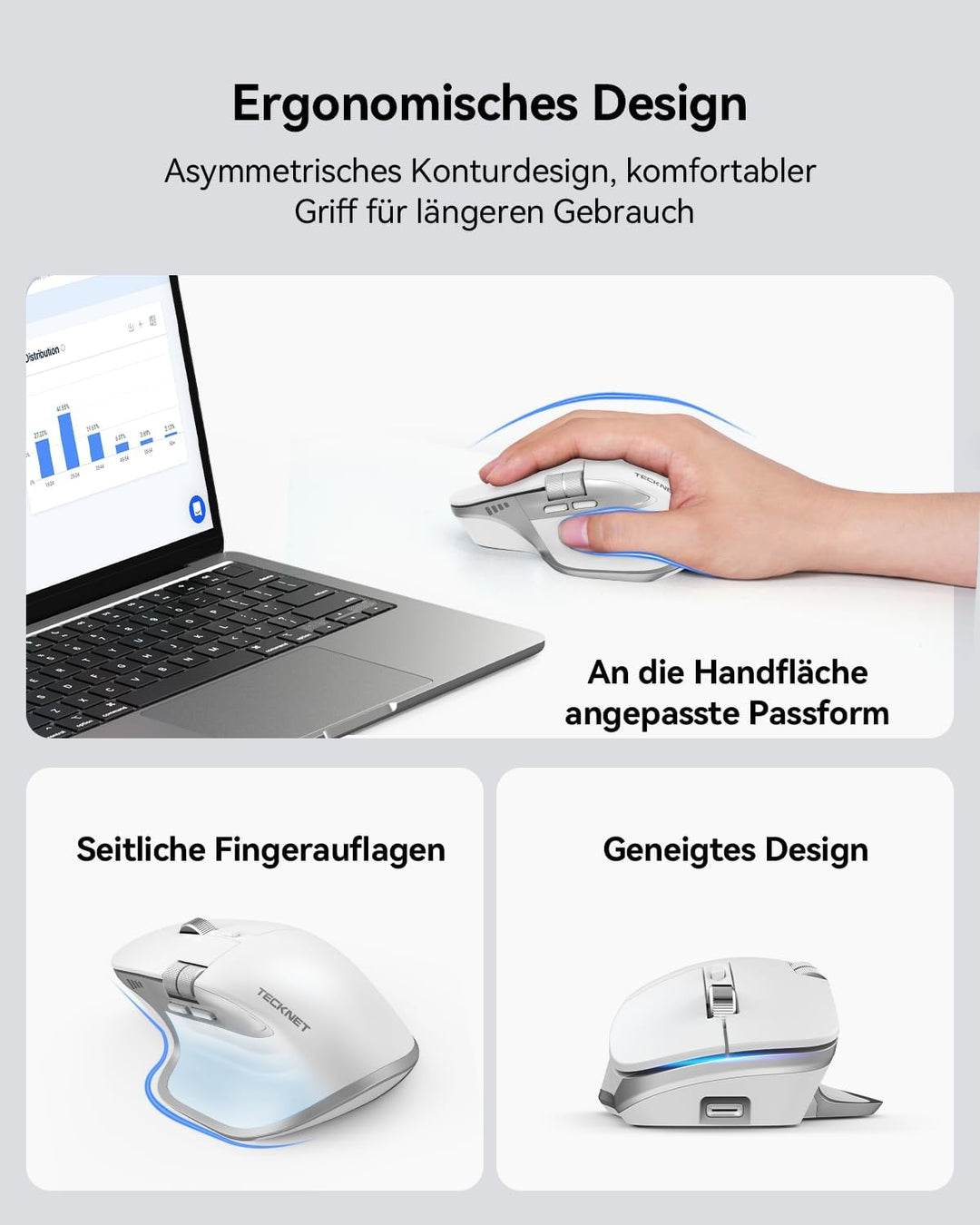TECKNET Bluetooth kabellose Maus(BT 5.3/5.0+2,4G), Seitliches Mausrad, Wiederaufladbare Maus Ergonom