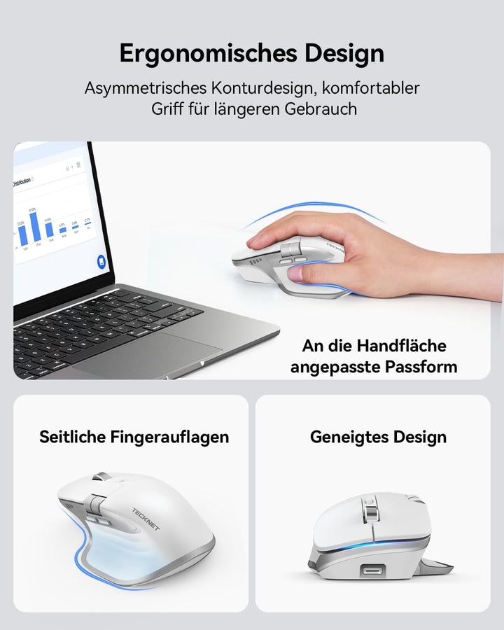 TECKNET Bluetooth kabellose Maus(BT 5.3/5.0+2,4G), Seitliches Mausrad, Wiederaufladbare Maus Ergonom