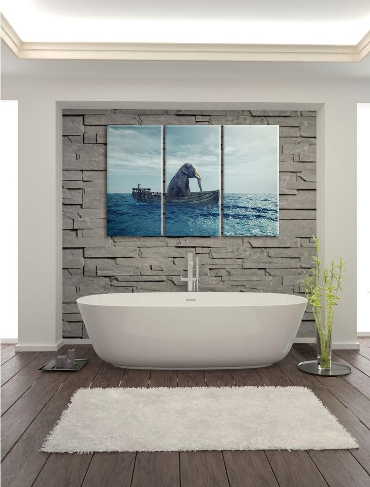 Pixxprint lustig sitzender Elefant im Boot als Leinwandbild - Grösse: 3-Teilig (120x80cm) - Wandbild
