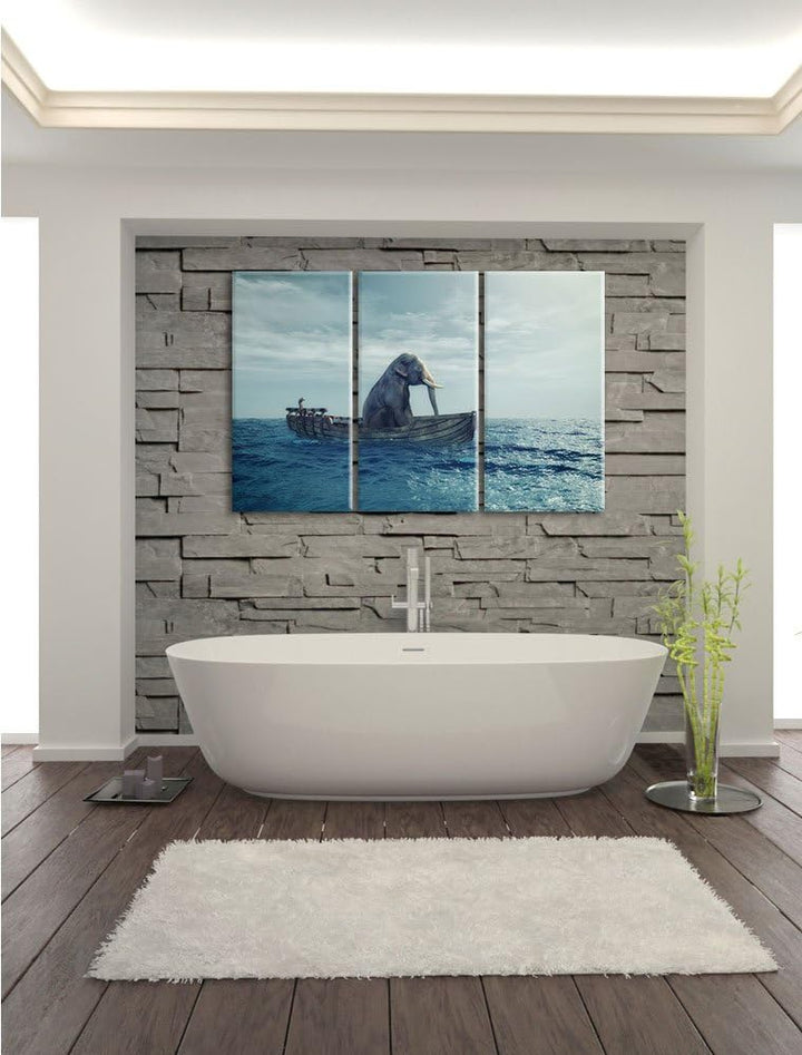 Pixxprint lustig sitzender Elefant im Boot als Leinwandbild - Grösse: 3-Teilig (120x80cm) - Wandbild