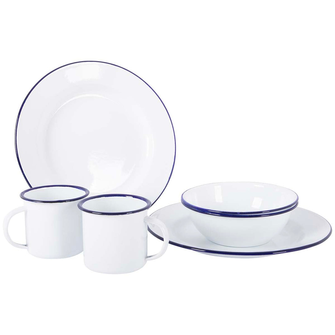 Bo-Camp Emaille Geschirr-Set, 6-teilig, weiss/blau