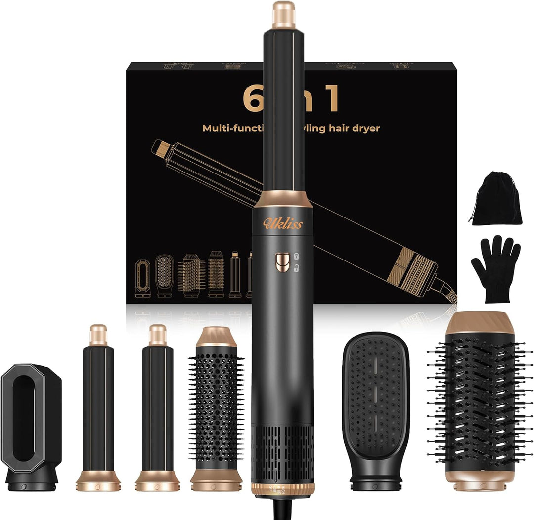UKLISS Hairstyler 6 in 1 Air Styler Set- für Locken, Volumen, Glätten und Trocknen- 1000W Föhnbürste