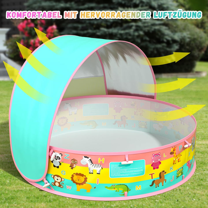 Baby Planschbecken mit Dach, Pop-Up Strandmuschel Baby UV Schutz 50+ mit Aufbewahrungstasche, 4 in 1