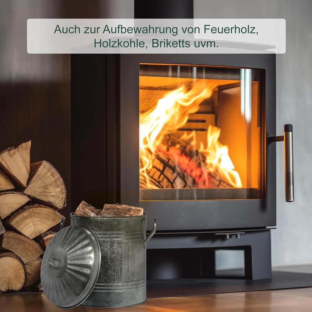 Relaxdays Ascheeimer mit Deckel, Griffen, 10 Liter, verzinktes Eisen, Aschetonne für Kohle & Asche,