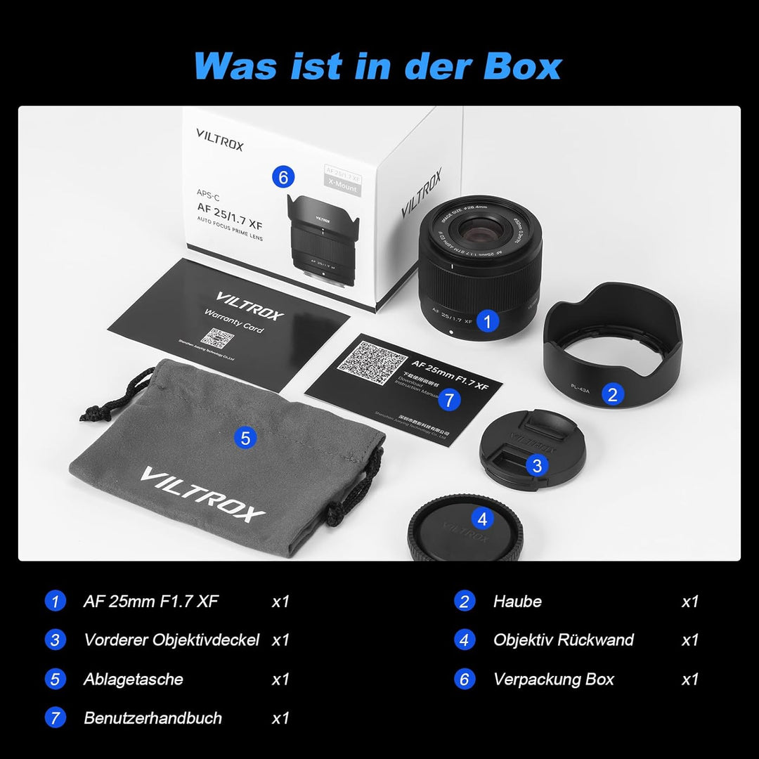 VILTROX 25mm F1.7 Air XF Pocket Dispo Objektiv AF F/1.7 X-Mount Portable Shot für Fuji Einsteigerobj