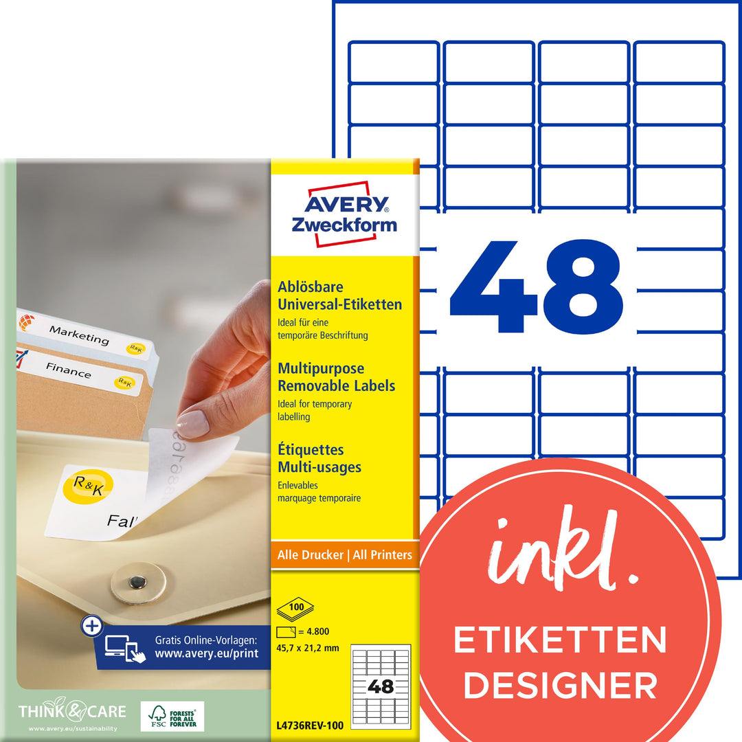 AVERY Zweckform L4736REV-100 Universal Etiketten (4.800 Klebeetiketten, 45,7x21,2mm auf A4, wieder r