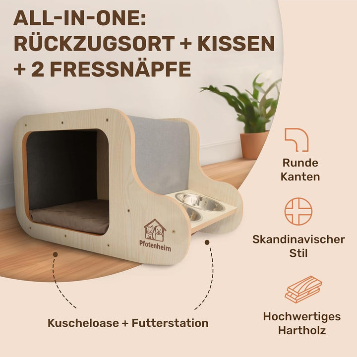 Katzenhaus mit Katzenbett, Katzenhöhle & Katzennapf | Katzenkorb, 3-in-1 Kratzmatte mit Katzen-Napfs