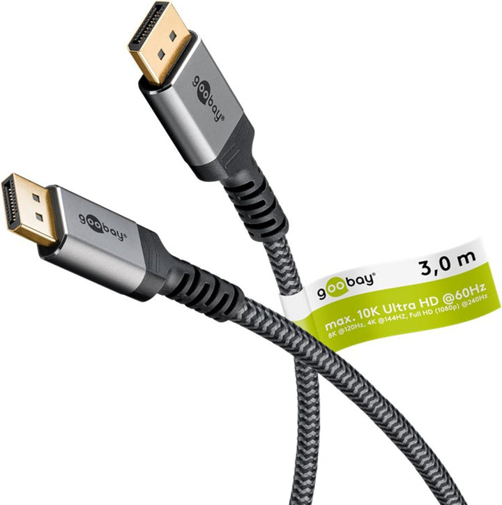 goobay DisplayPort Kabel 2.1-80 Gbit/s, DP-Kabel 16K/60Hz, 10K HDR, 3m - Sharkskin Grey, Metall-Desi