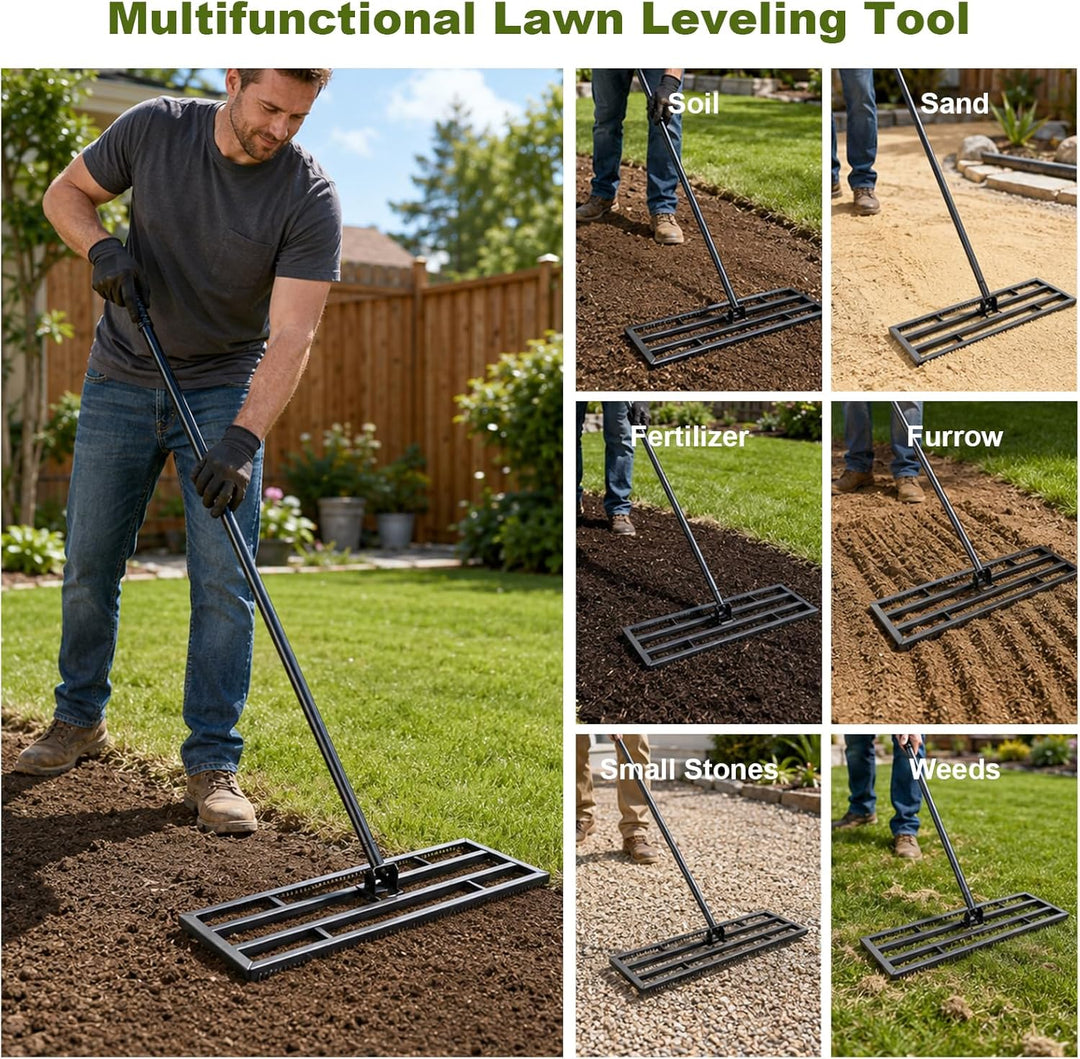 Rasen Nivellierrechen 43x25cm mit Gezahnte Seite und 199 cm Langer Griff, 2-In-1 Rasen-Nivelliergera