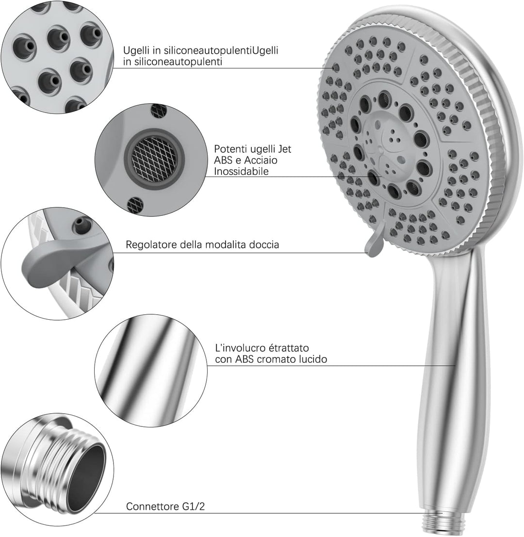 Vinabo Sparduschkopf wassersparend – Duschbrause mit Schlauch, 1,5 m Edelstahl-Duschschlauch (G1/2),