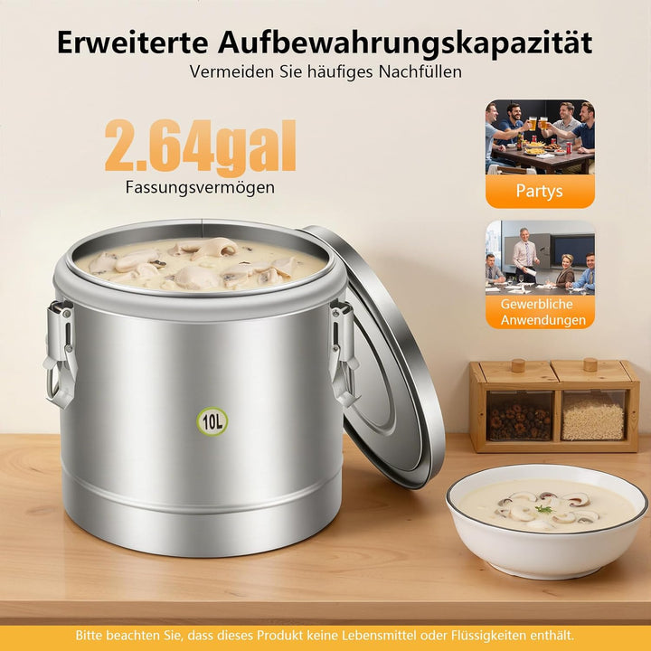 Thermobehälter, 10L Edelstahl Isoliert Eimer, Versiegelter isolierter Suppenbehälter mit Deckel und