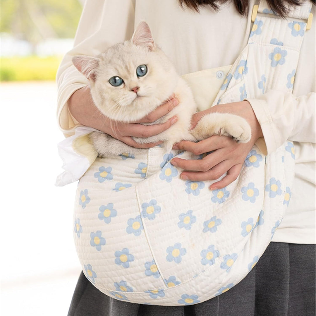 Haustier-Tragetasche mit Blumendruck, für kleine Hunde und Katzen, freihändiges Design (blaue Blumen